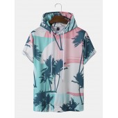 Men Coconut Tree Print Hooded Drawstring Short Sleeve Casual T  Shirts
