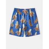 Men Banana Print Mid Length Beachwear Shorts