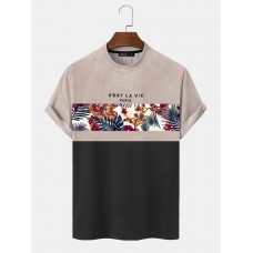 Mens Tropical Plants Print Patchwork Texture Short Sleeve T  Shirts