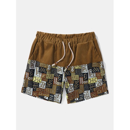 Mens Tribal Pattern Patchwork Ethnic Style Corduroy Drawstring Shorts